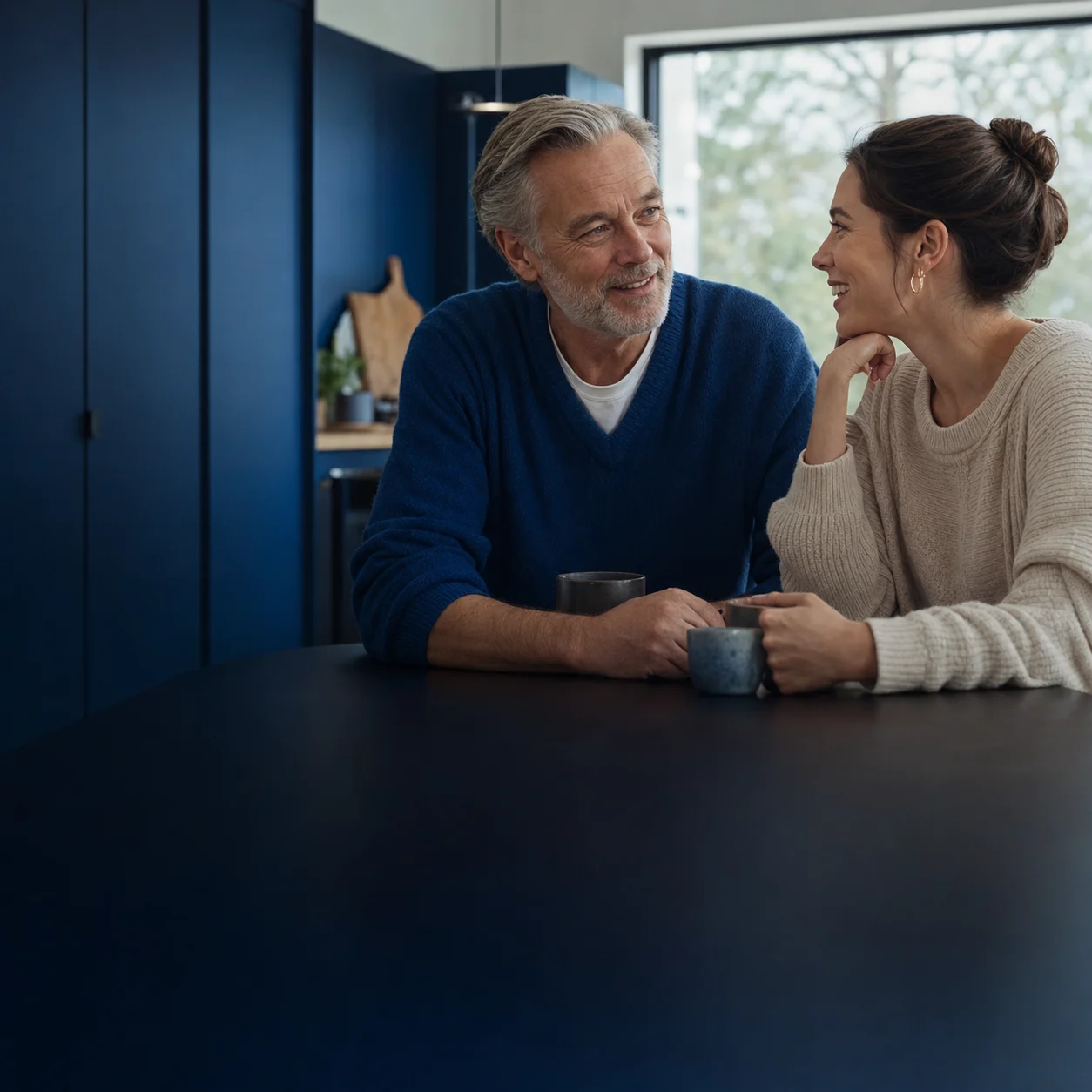Two adults sharing a relaxed conversation at home